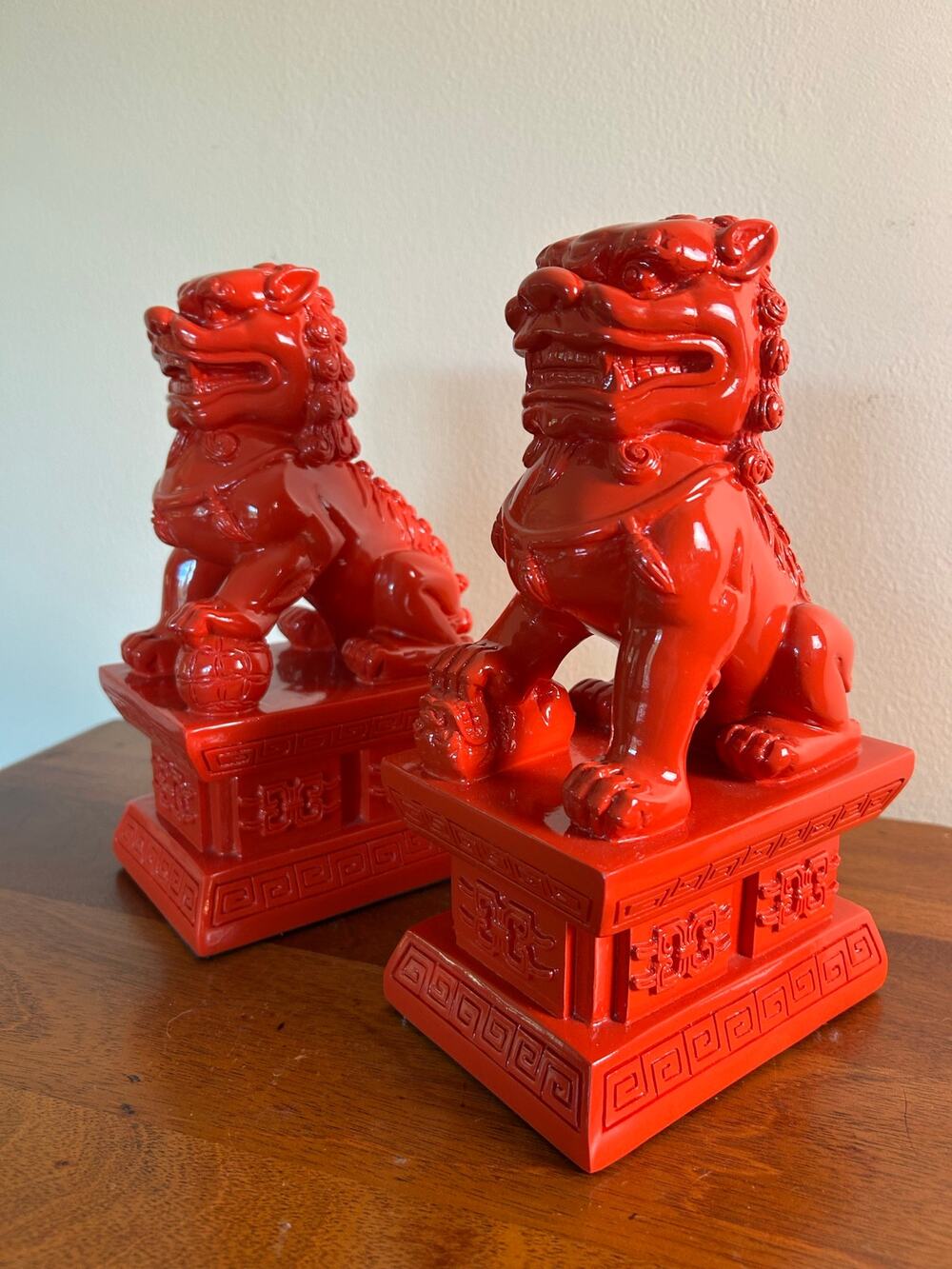 Pair of Chinese Red Foo Dog Guardian Lions | Feng Shui Protection Statues